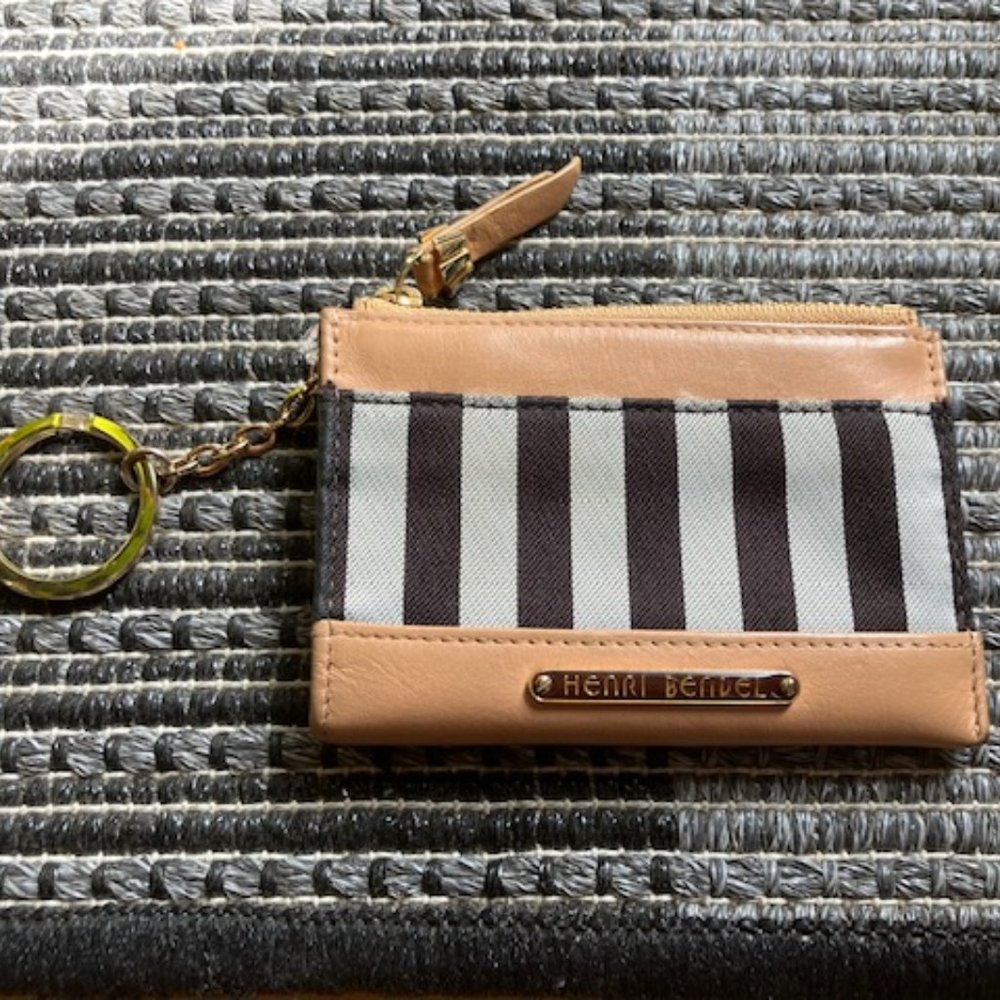 Henri Bendel Brown and White Stripe Zip Key Pouch